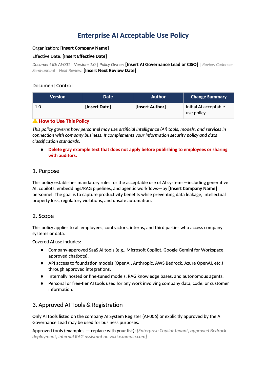 enterprise AI acceptable use policy template preview (AI-001)