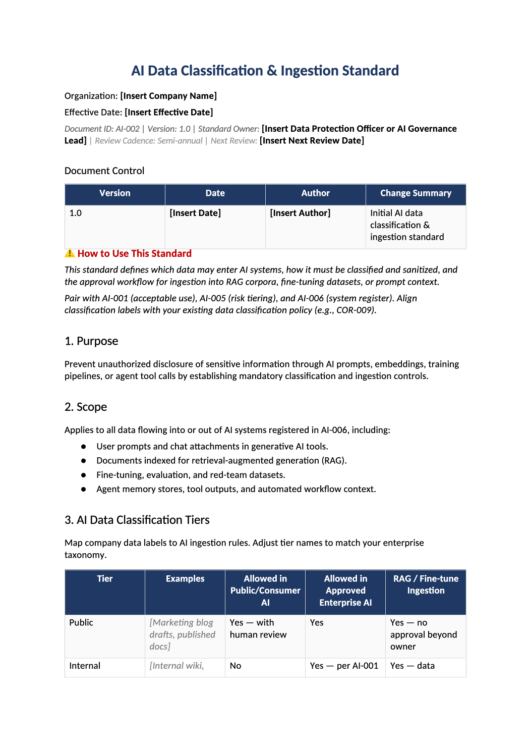 AI data classification standard template preview (AI-002)