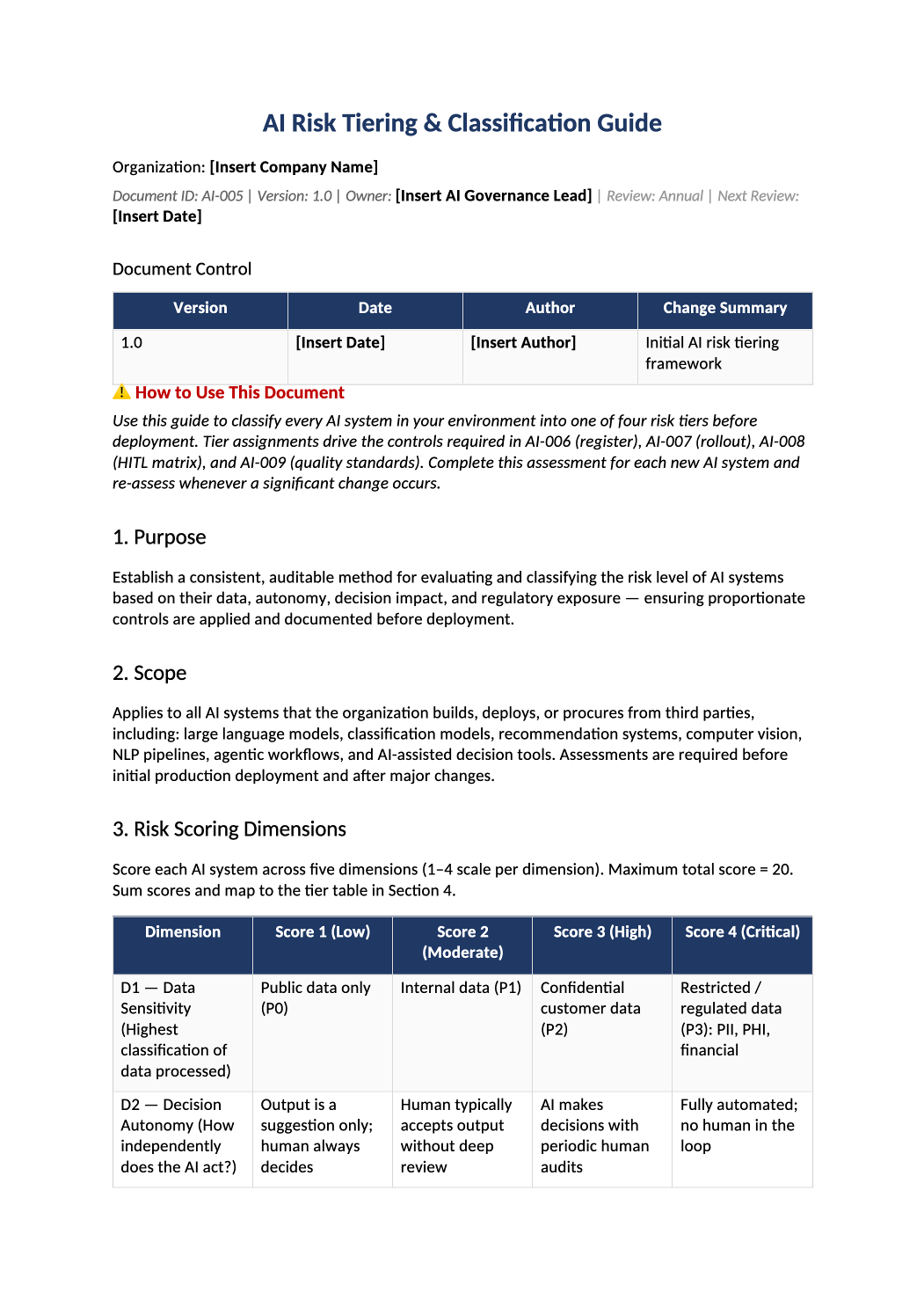 AI risk tiering framework template preview (AI-005)