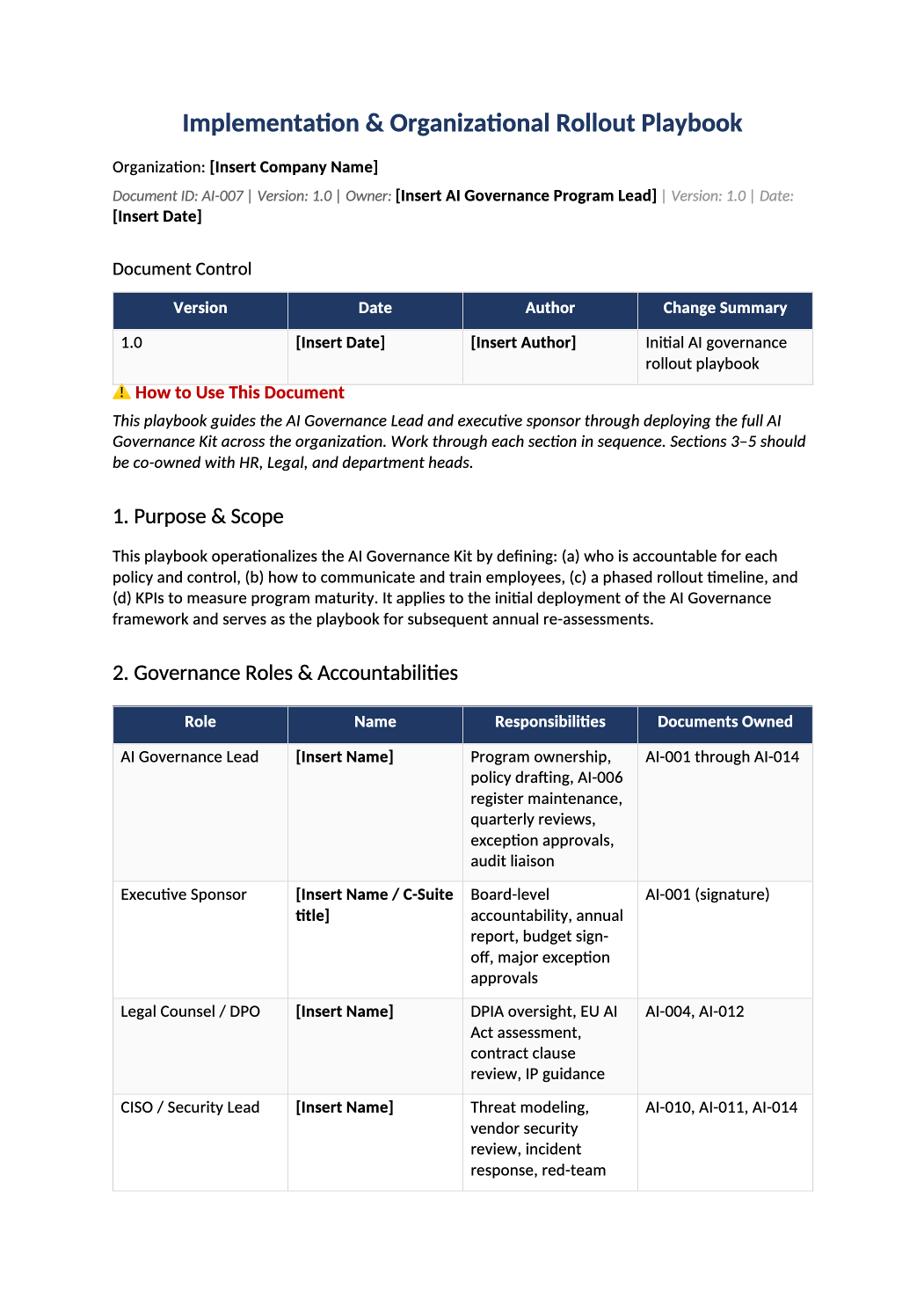 AI governance rollout playbook template preview (AI-007)