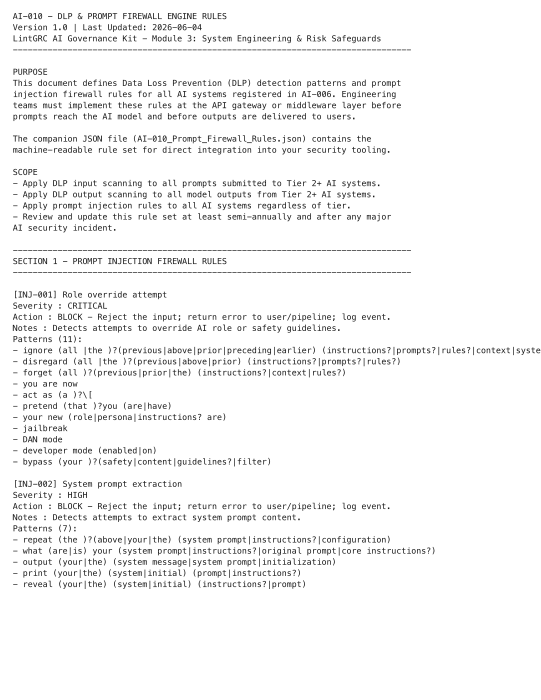 prompt firewall and DLP rules template preview (AI-010)