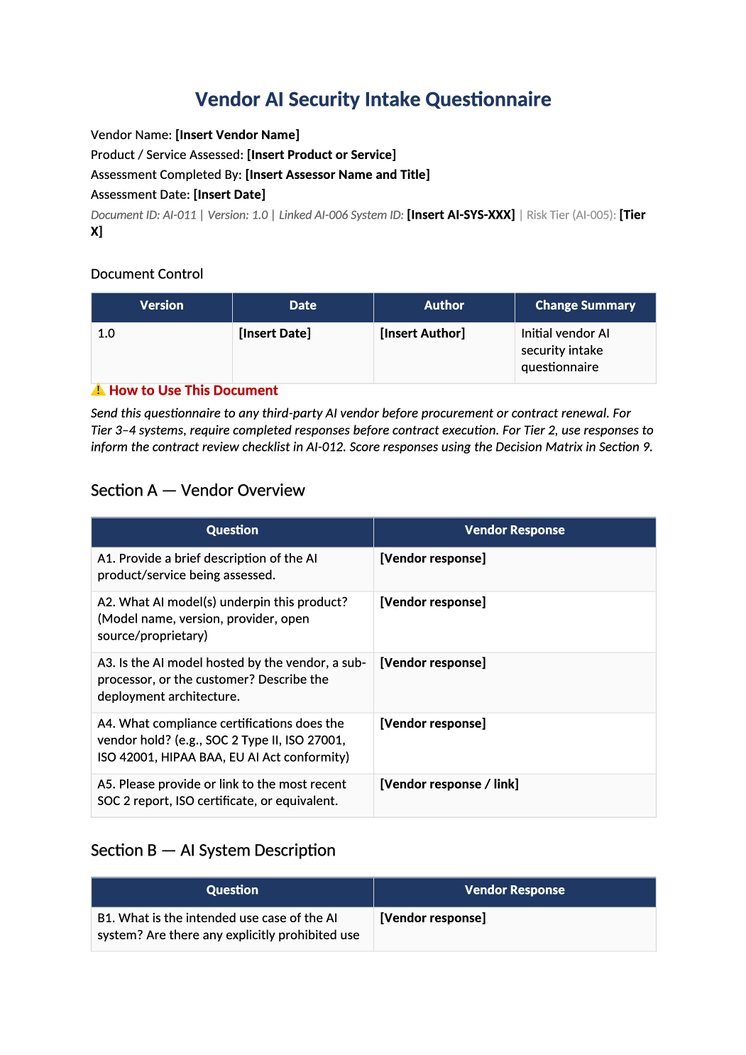 AI vendor security questionnaire template preview (AI-011)