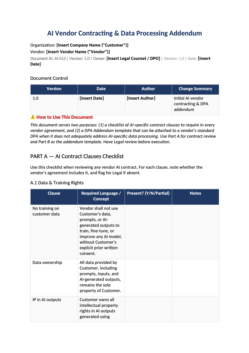 AI vendor DPA addendum template preview (AI-012)