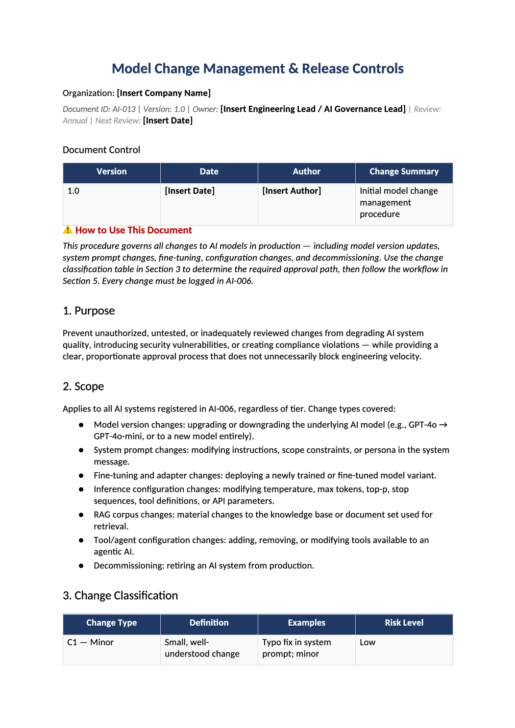 AI model change management policy template preview (AI-013)