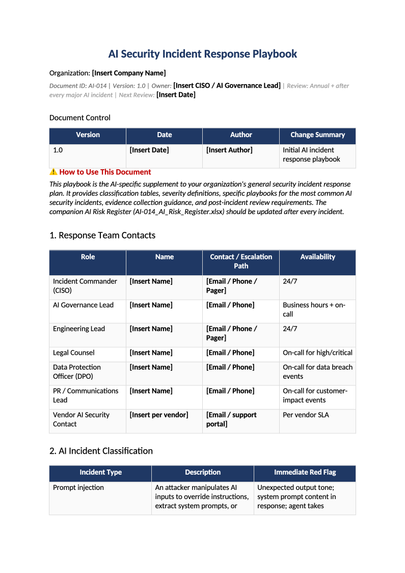 AI security incident response playbook template preview (AI-014)