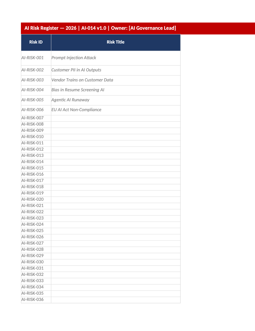 AI risk register template Excel preview (AI-014b)