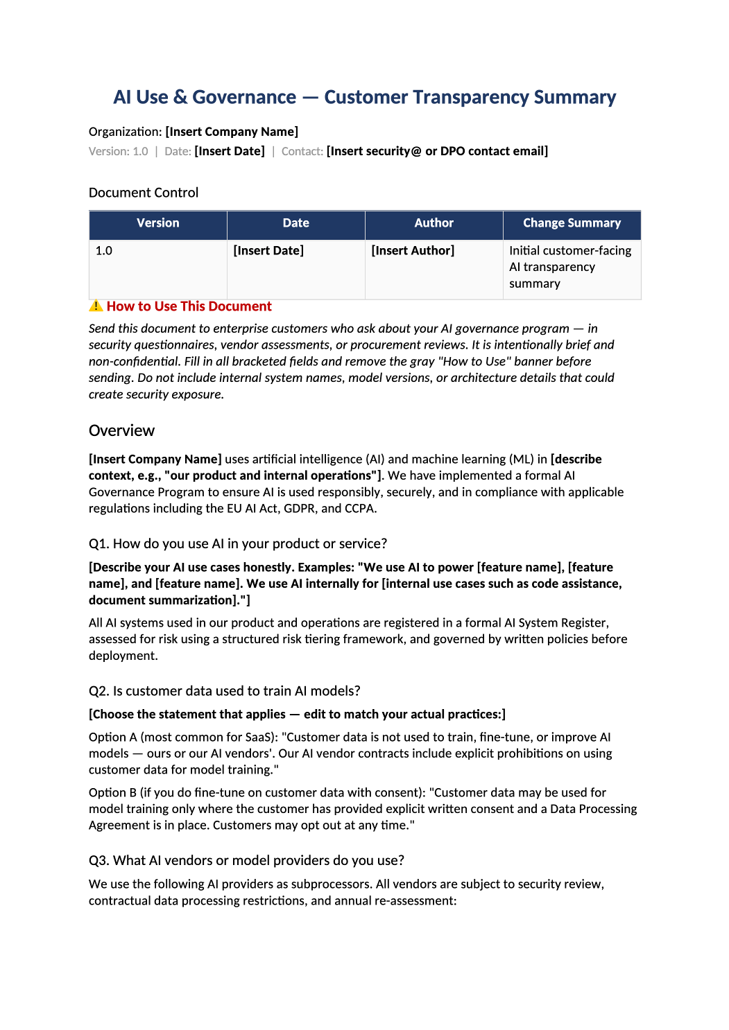 AI transparency statement for customers template preview (AI-015)