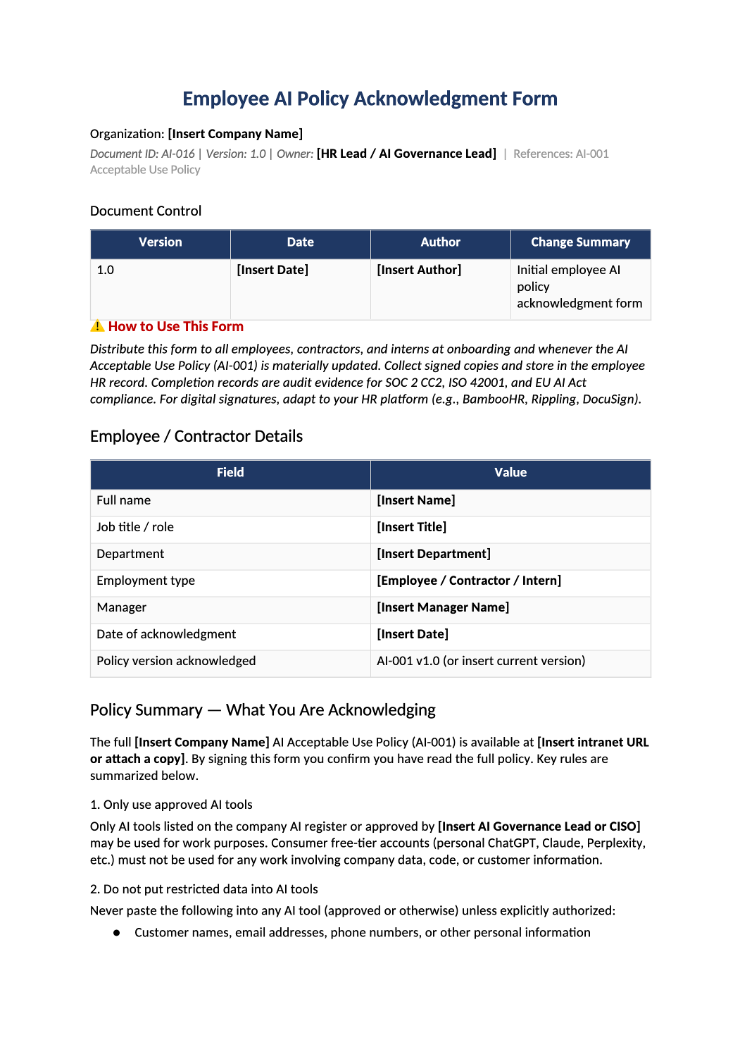 employee AI policy acknowledgment form template preview (AI-016)