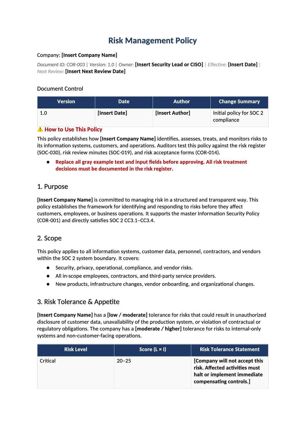 risk management policy template preview (COR-003)