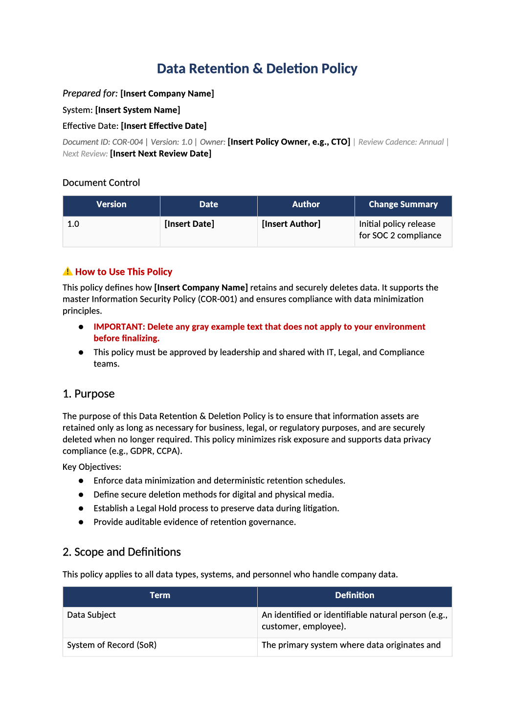 data retention policy template preview (COR-004)