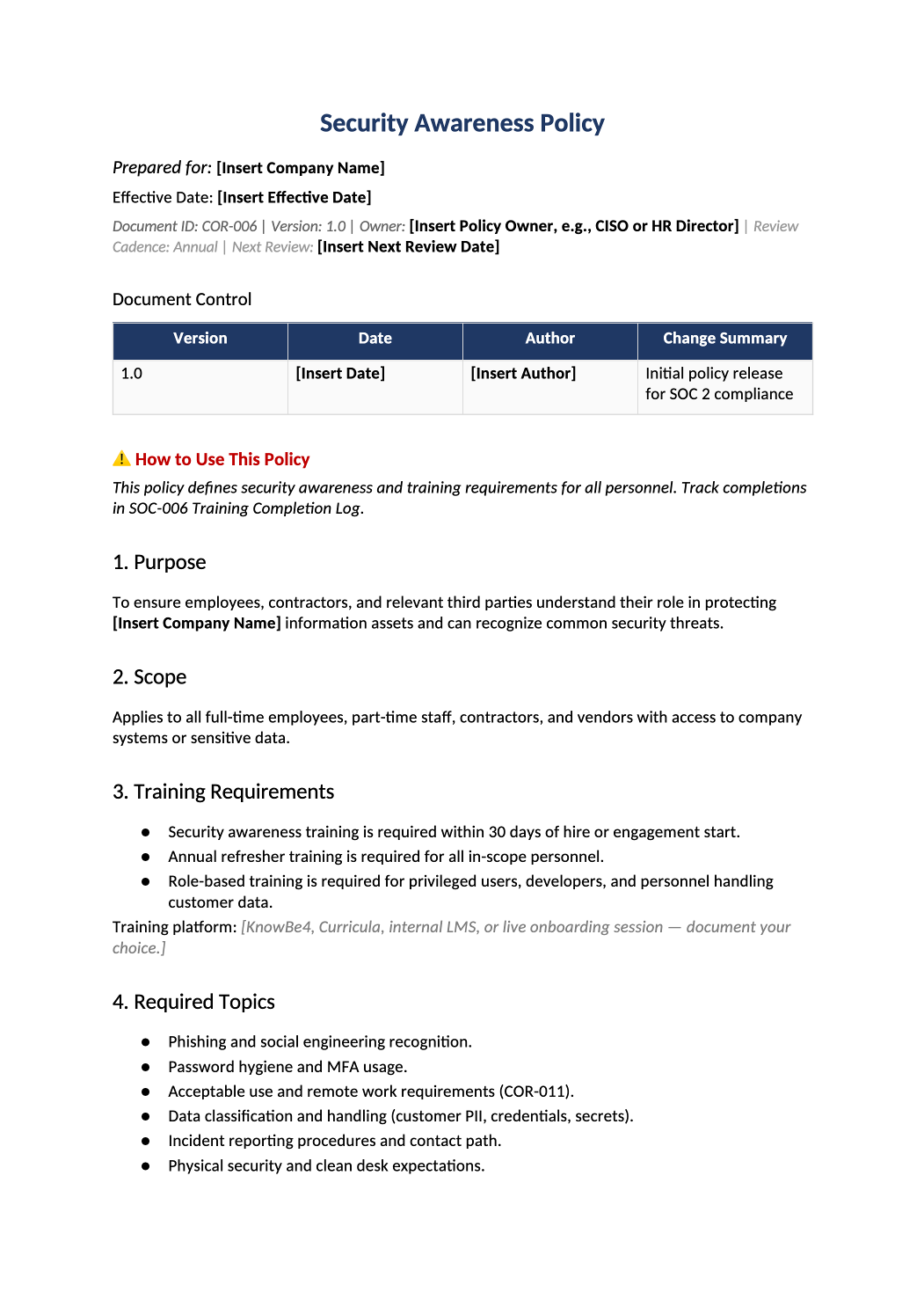 security awareness policy template preview (COR-006)