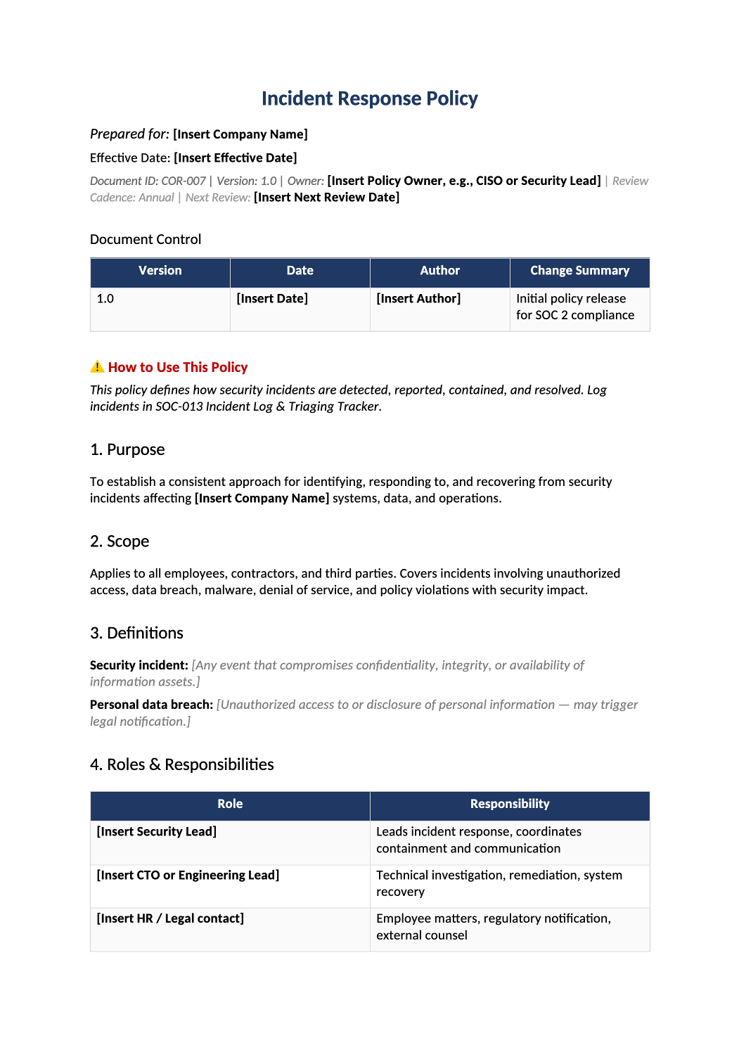 incident response policy template preview (COR-007)
