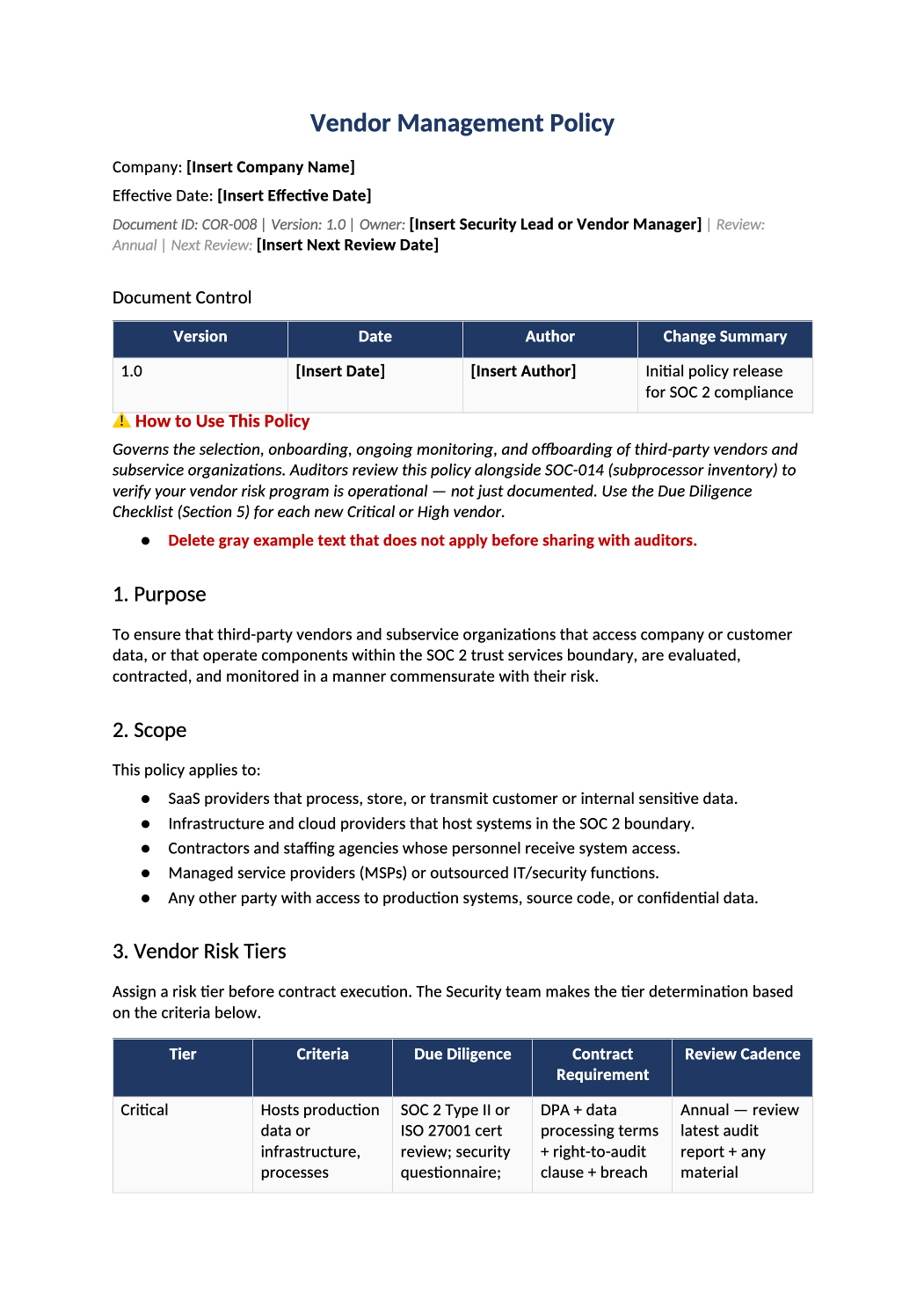 vendor management policy template preview (COR-008)