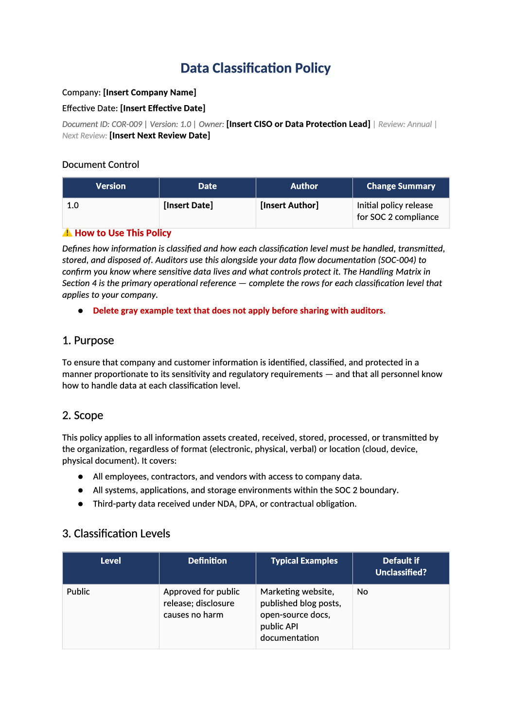 data classification policy template preview (COR-009)
