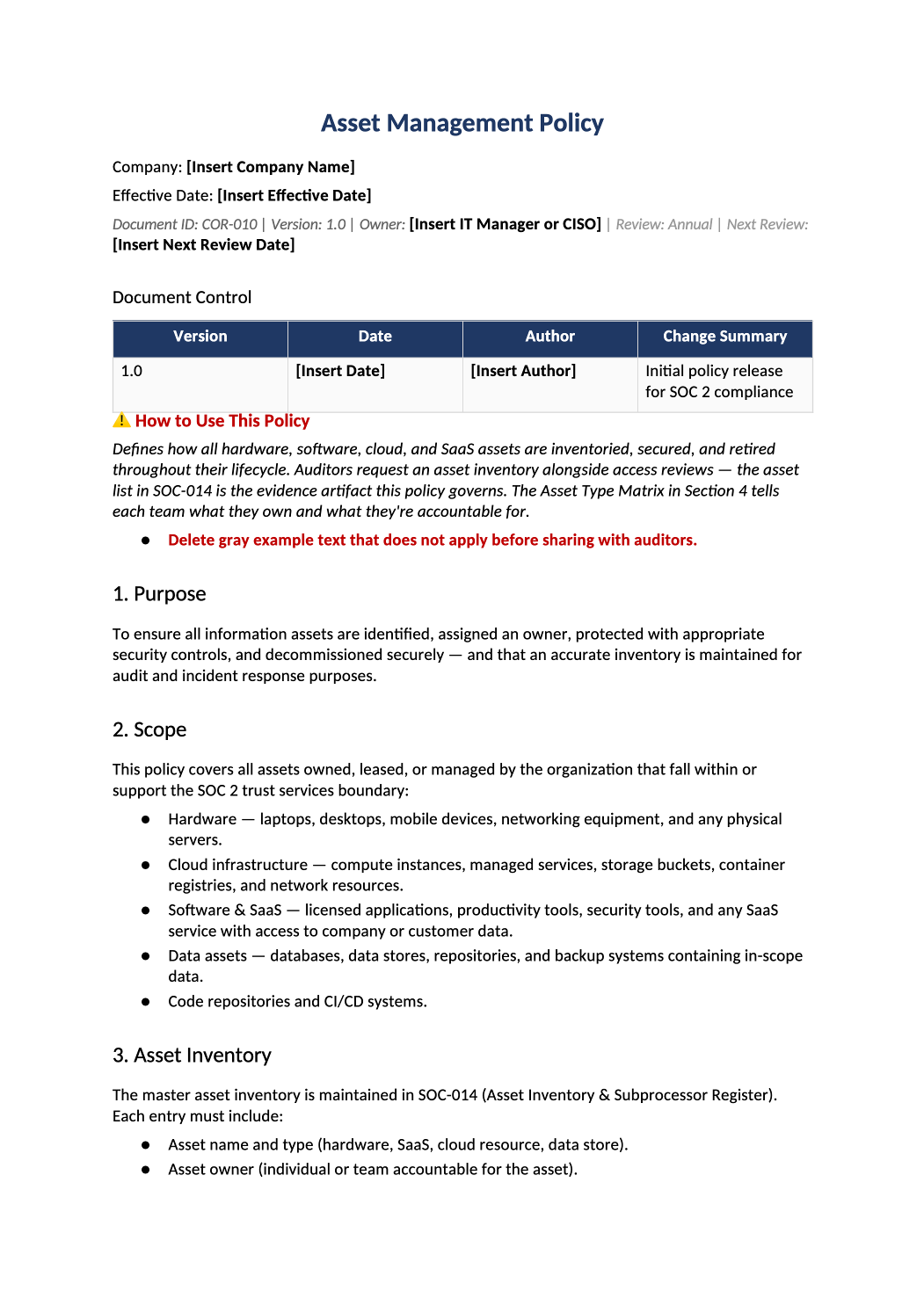 asset management policy template preview (COR-010)
