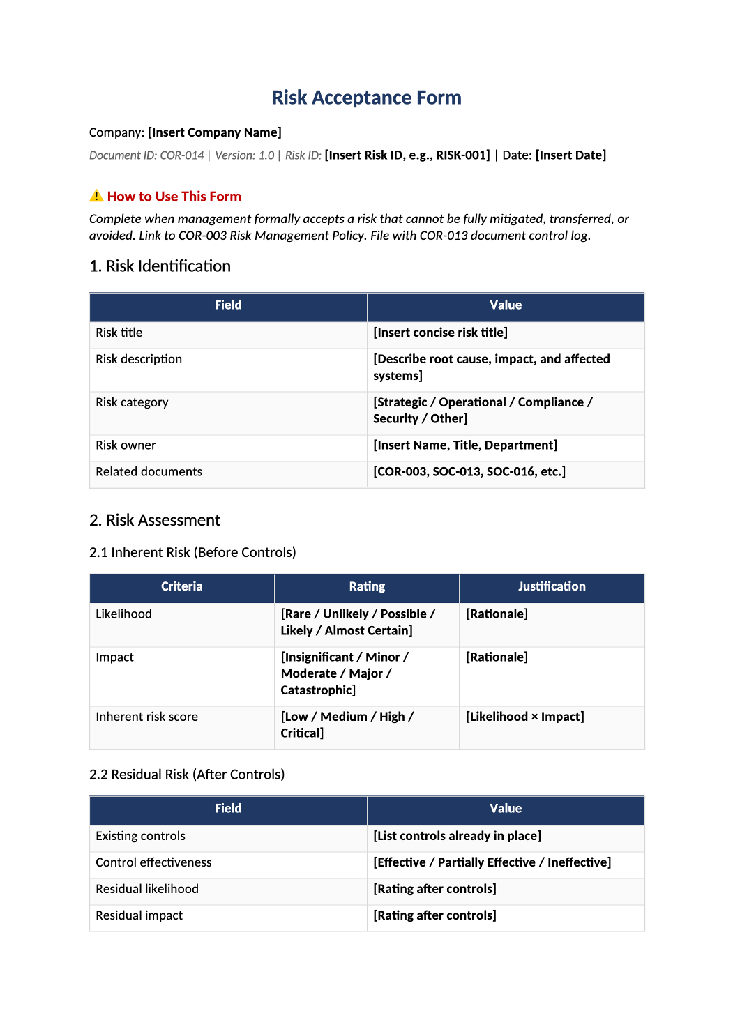 risk acceptance form template preview (COR-014)