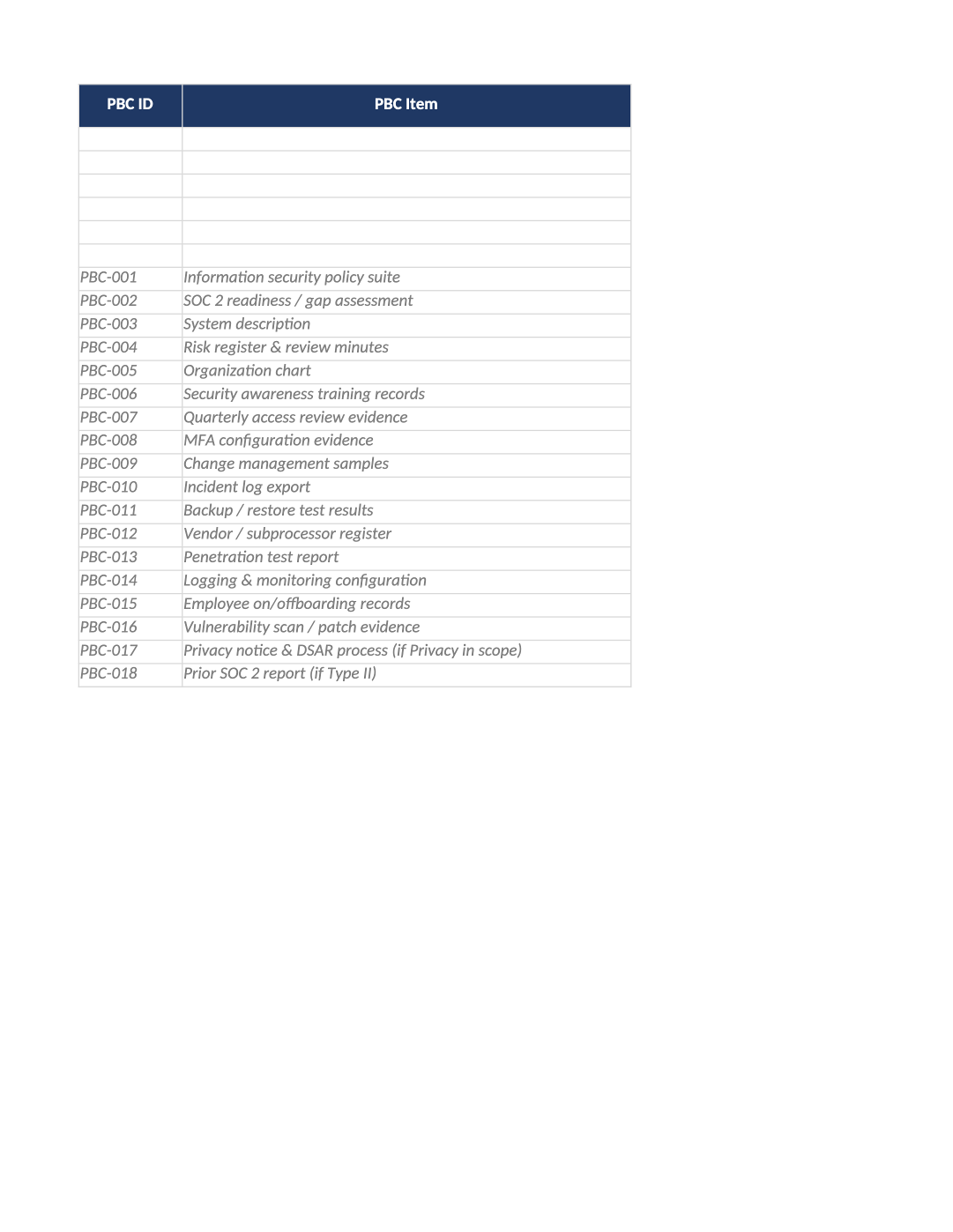 free SOC 2 PBC tracker template preview (FREE-SOC-01)