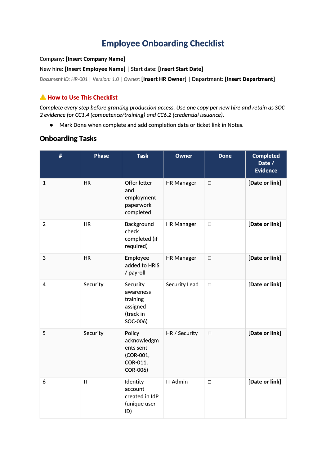 employee onboarding checklist template preview (HR-001)