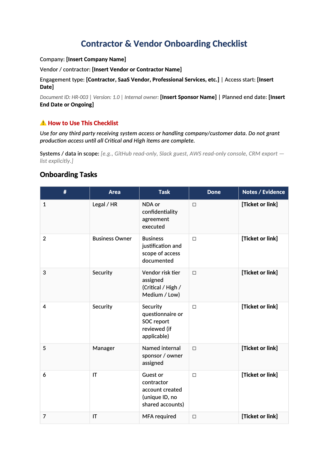 contractor onboarding checklist template preview (HR-003)