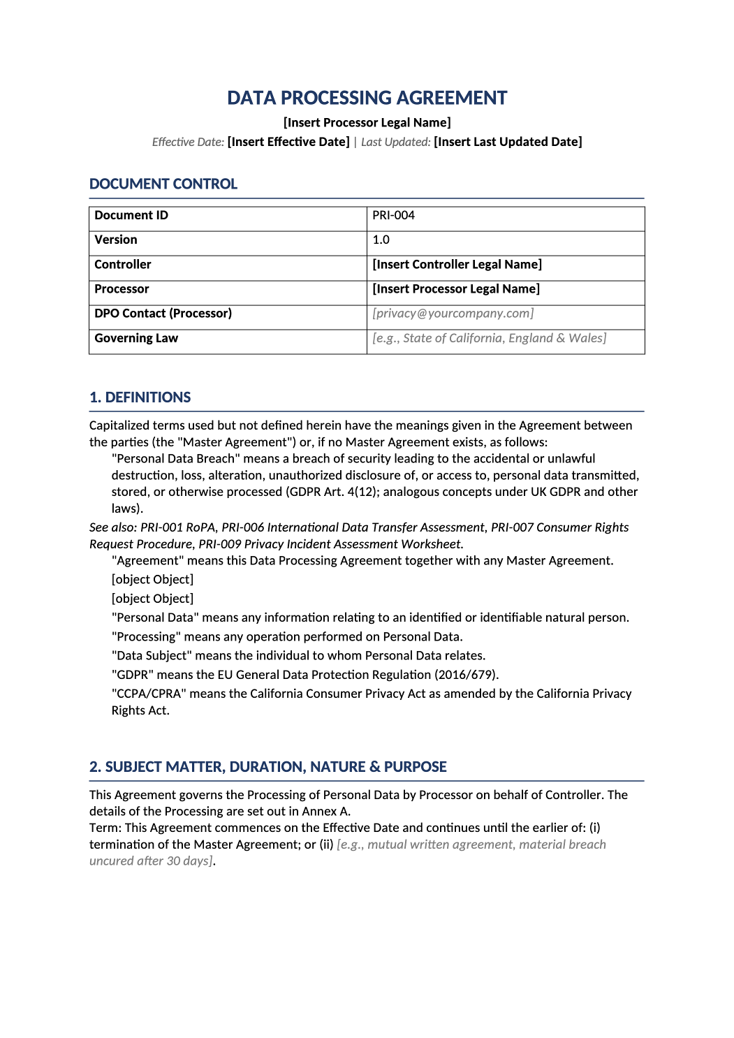 data processing agreement template preview (PRI-004)