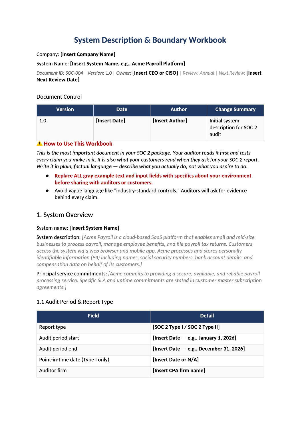 SOC 2 system description template preview (SOC-004)