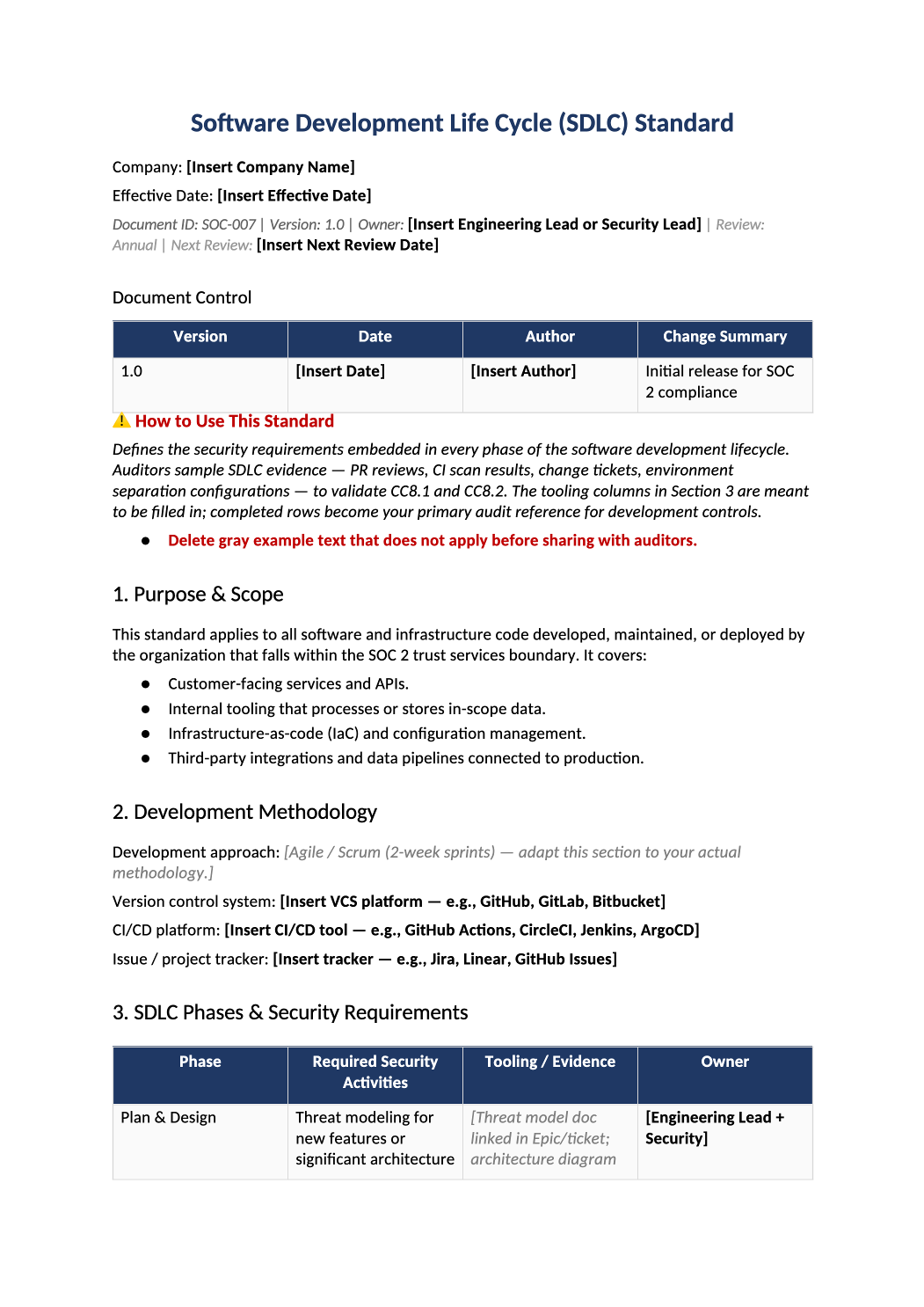 SDLC policy template SOC 2 preview (SOC-007)