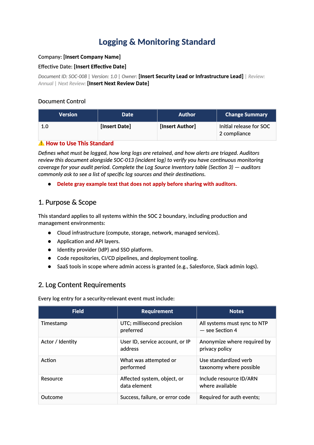 logging and monitoring standard template preview (SOC-008)