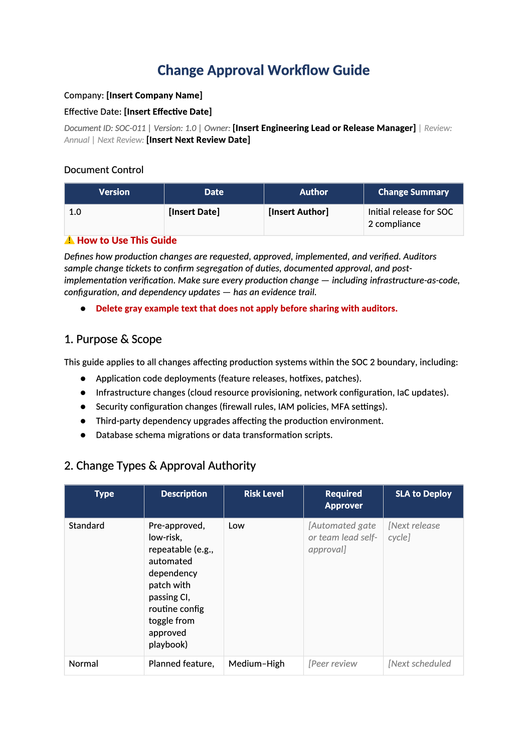 change management procedure template SOC 2 preview (SOC-011)