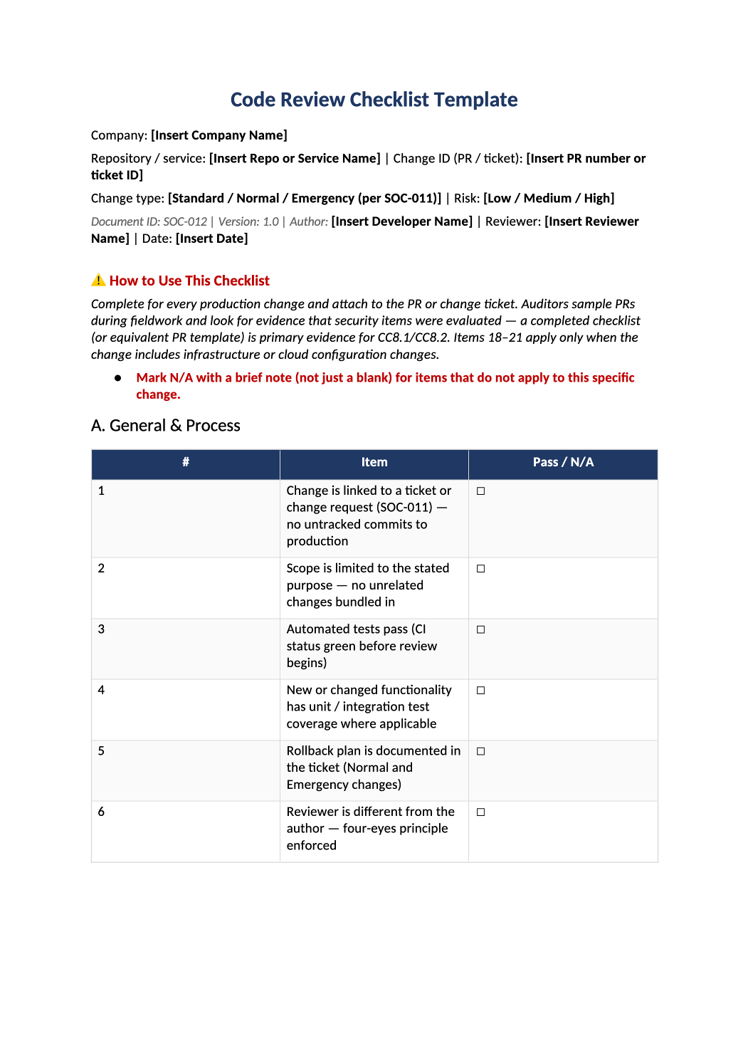 code review checklist template preview (SOC-012)