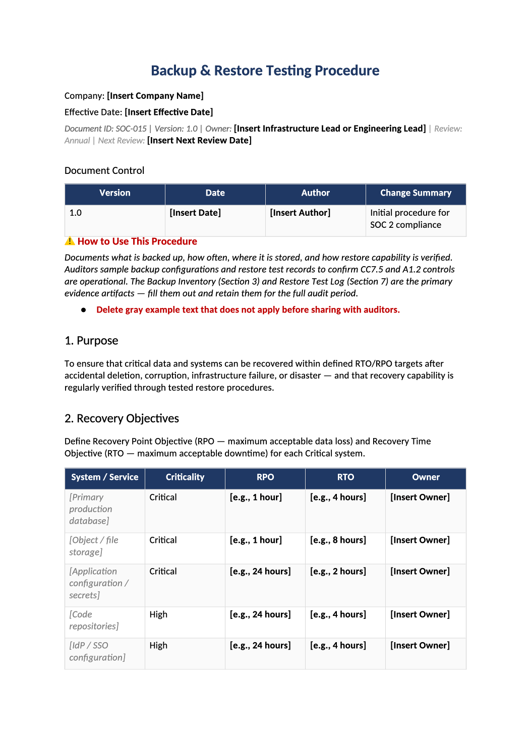 backup restore testing procedure template preview (SOC-015)