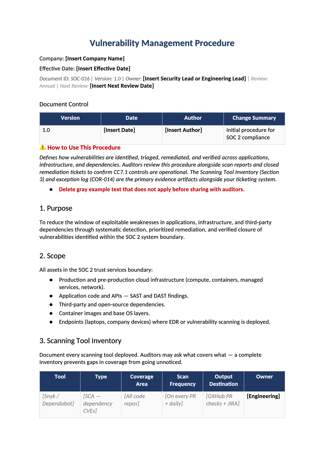 vulnerability management procedure template preview (SOC-016)