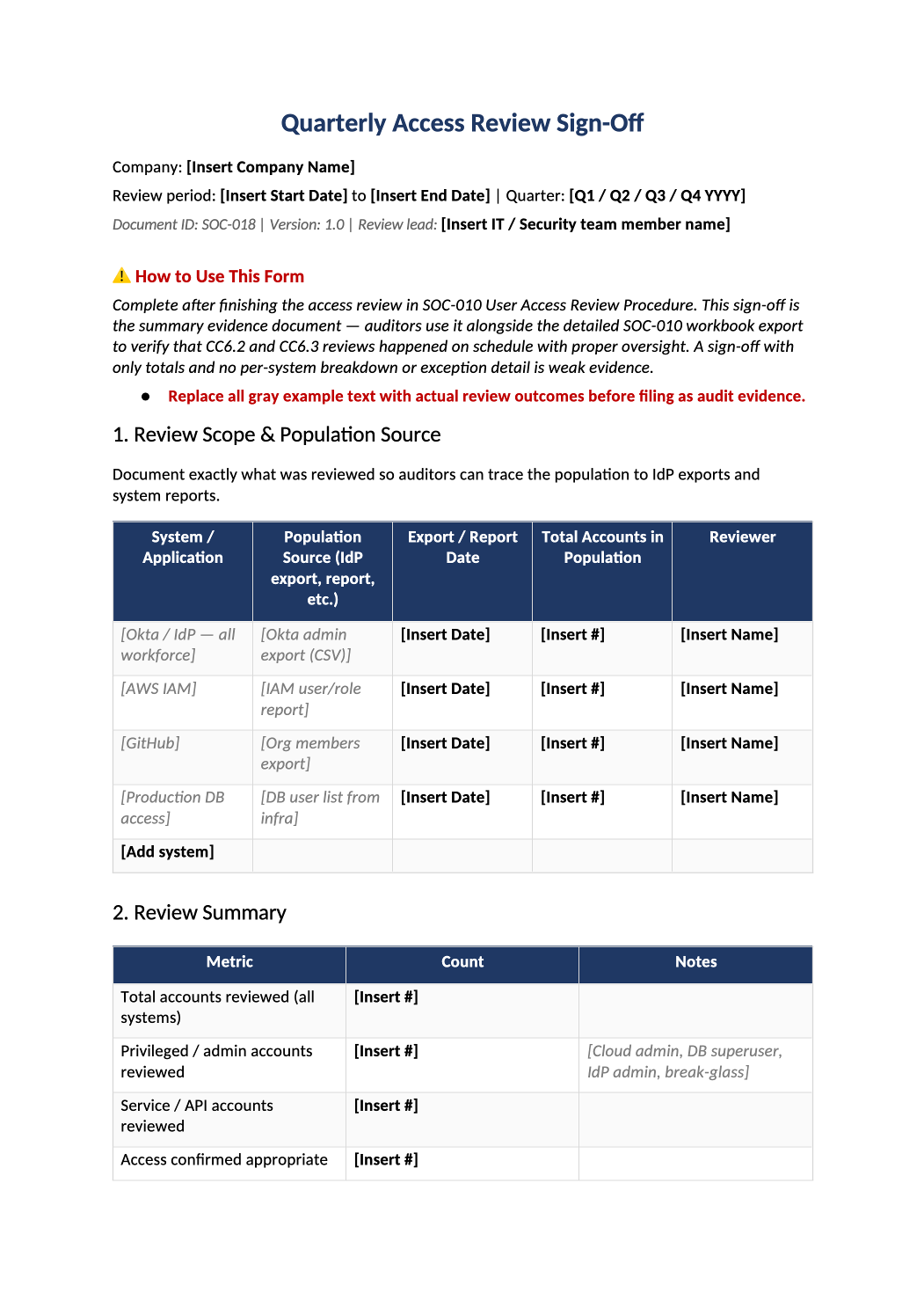 quarterly access review sign-off template preview (SOC-018)