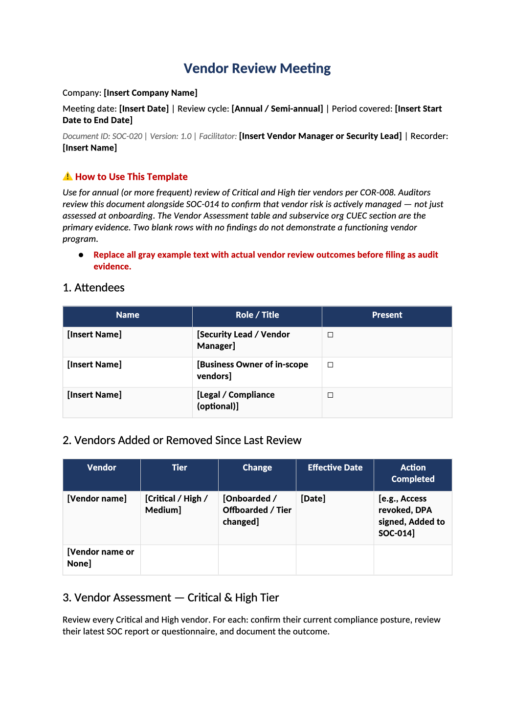 vendor review meeting template SOC 2 preview (SOC-020)