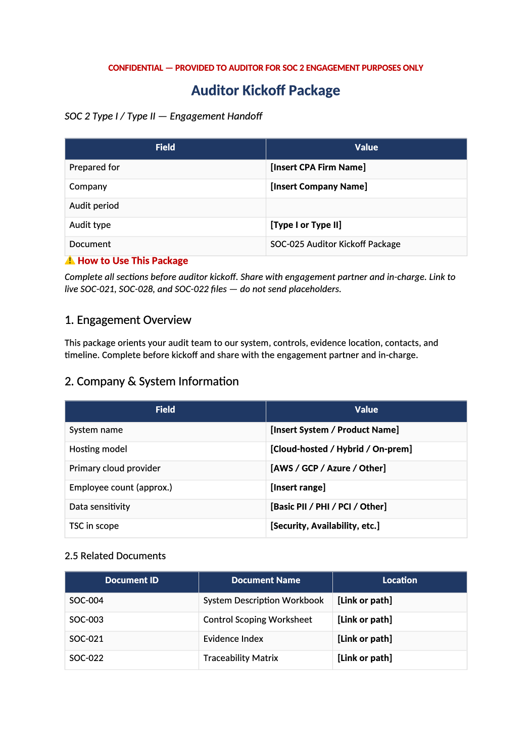 SOC 2 auditor kickoff package template preview (SOC-025)