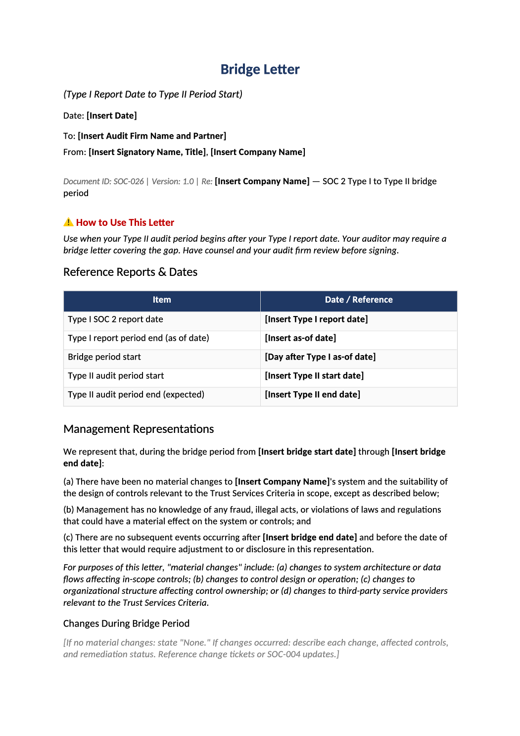 SOC 2 bridge letter template preview (SOC-026)