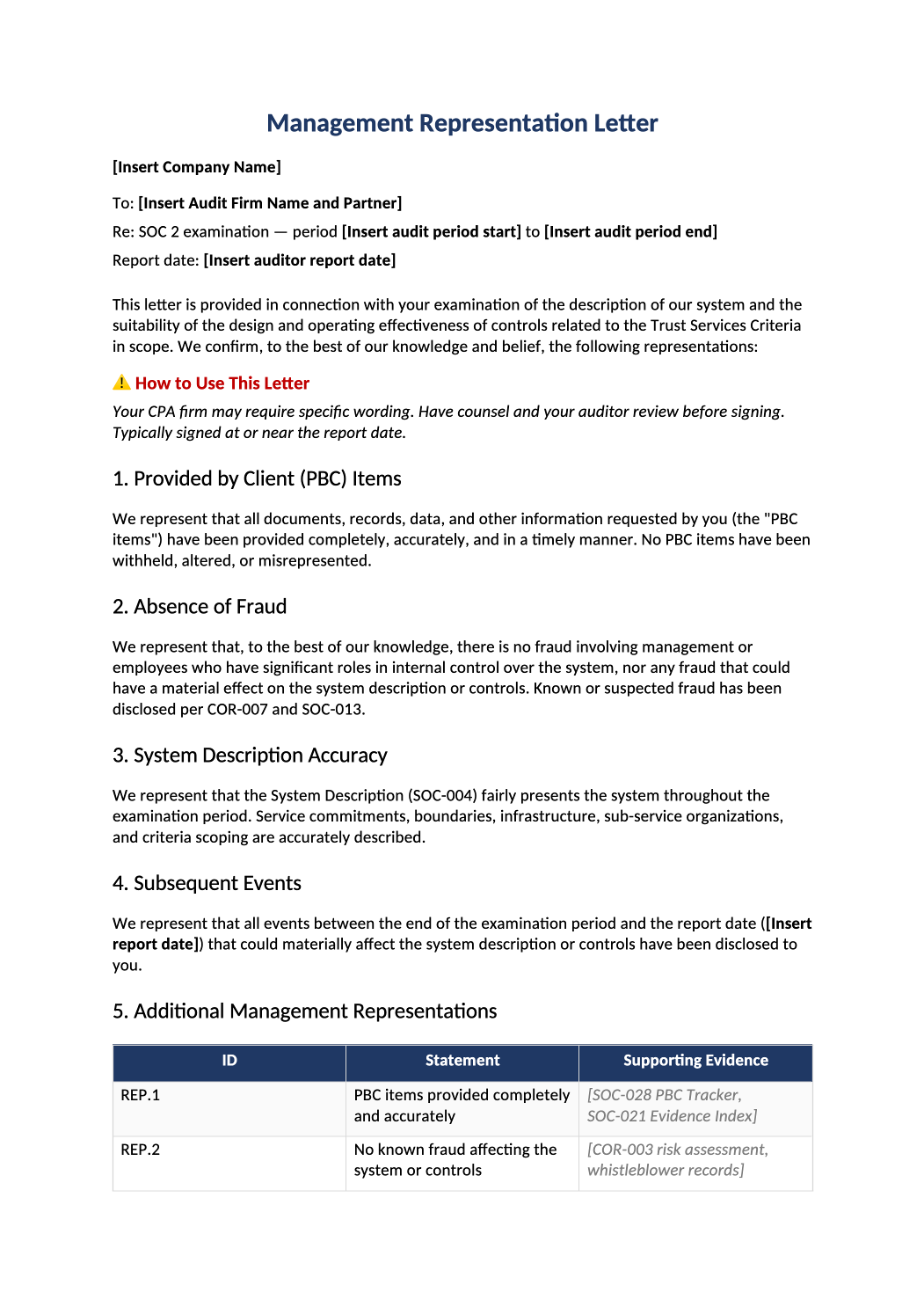 management representation letter SOC 2 preview (SOC-027)